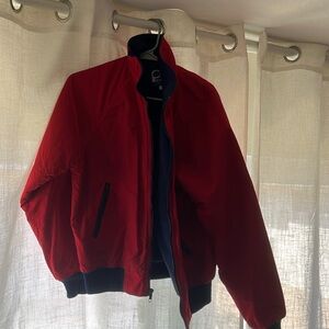 Red jacket. Bomber like- but so warm! Navy inline and detail